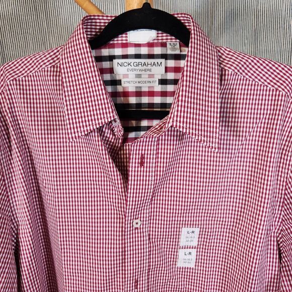 NEW Nick‎ Graham Large $65 Red Gingham Stretch Modern Fit Dress Shirt 16-16.5 - Picture 5 of 11